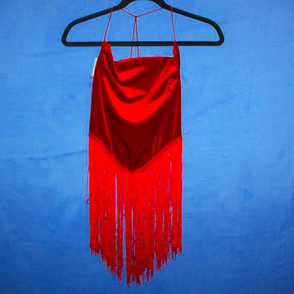 Love J Velvet Fringe Halter Top Red Small